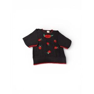 Beldoch Popper Navy Sweater L‎ With  Embroidered Roses Short Sleeve Cottage core